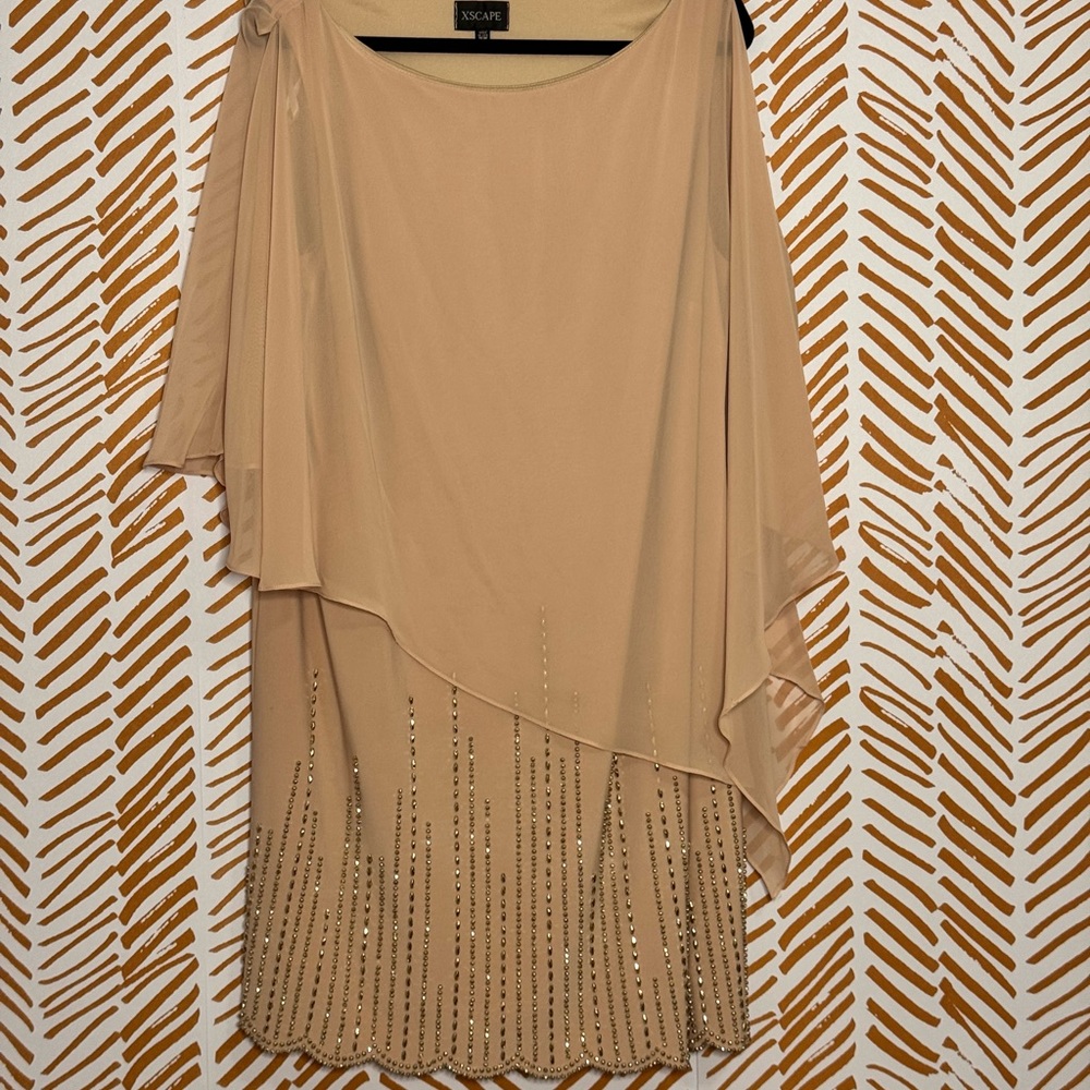 Xscape Asymmetrical Beige Dress with Beaded Details